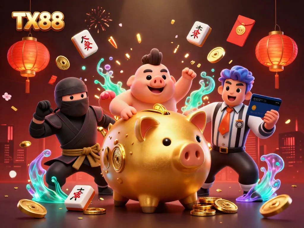 Experience thrilling gameplay at TX88 online casino with a vibrant piggy bank sumo wrestler and dynamic action.