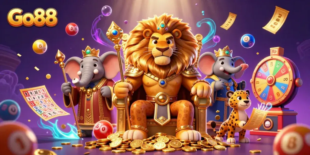 Engage with Go88's thrilling gaming experience, featuring vibrant casino elements and dynamic characters.