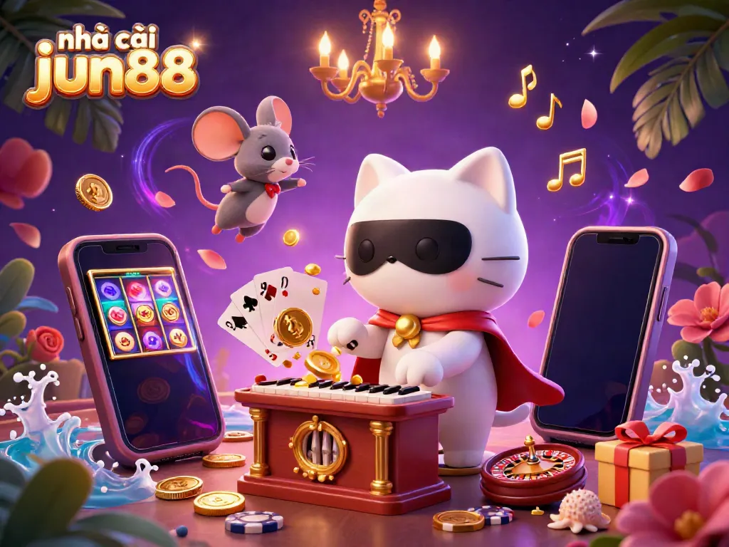 Experience the vibrant action at nhà cái jun88, featuring a majestic casino scene with a whimsical cat and treasures.