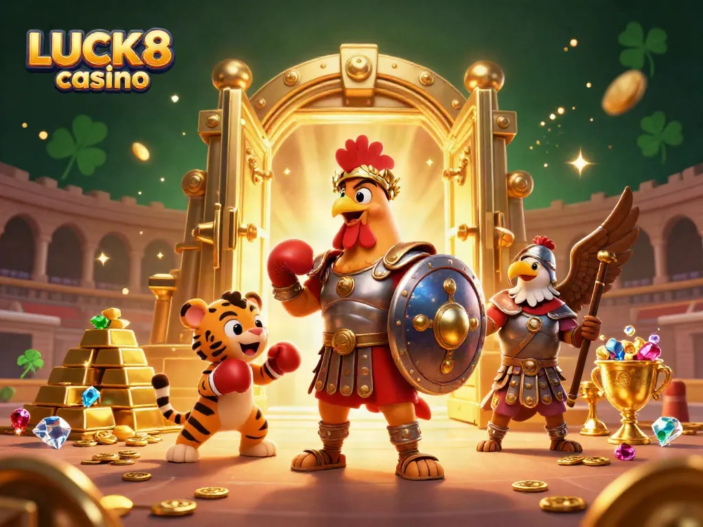Experience the thrill of LUCK8 casino with a gladiator rooster and tiger cub in a dynamic 3D scene filled with golden treasures.