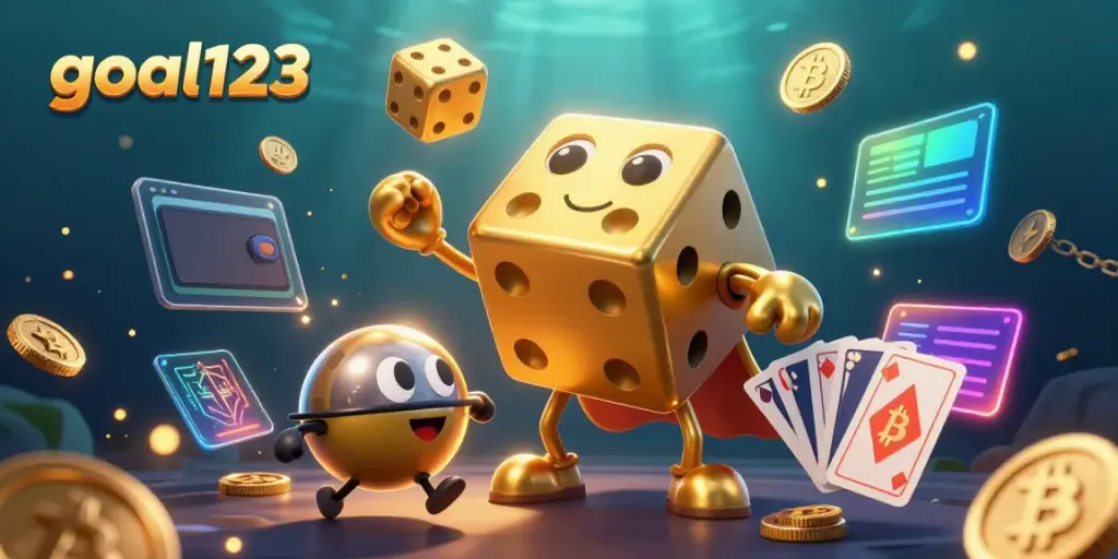Experience the vibrant action of goal123 with golden dice golem characters juggling coins in an exciting casino scene.