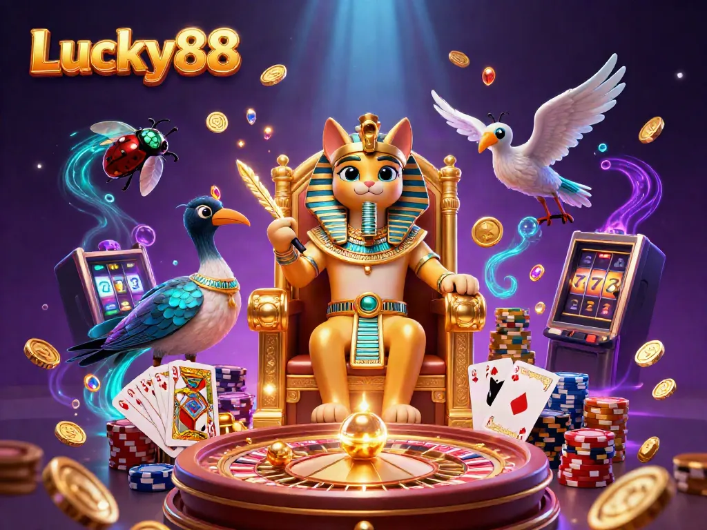 Engage with Lucky88 through this vibrant 3D illustration showcasing thrilling casino elements.
