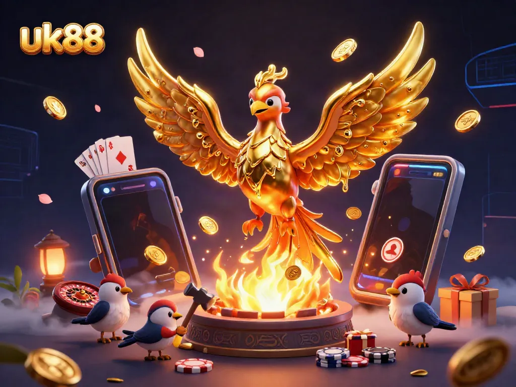 Win big with uk88 in a vibrant casino world featuring a golden phoenix and slot games.