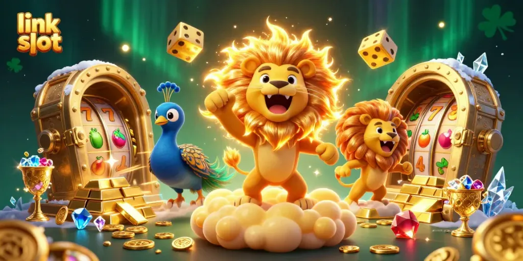 Engage with the exciting "link slot" experience in this vibrant casino-themed illustration.