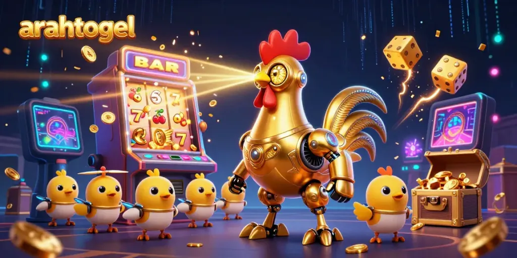 Win at arahtogel with a stunning visual of a golden rooster robot and baby chick drones in a vibrant casino scene.