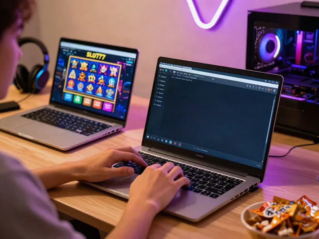 Gaming enthusiast enjoying SLOT777 online slots on a laptop in a cozy setup.