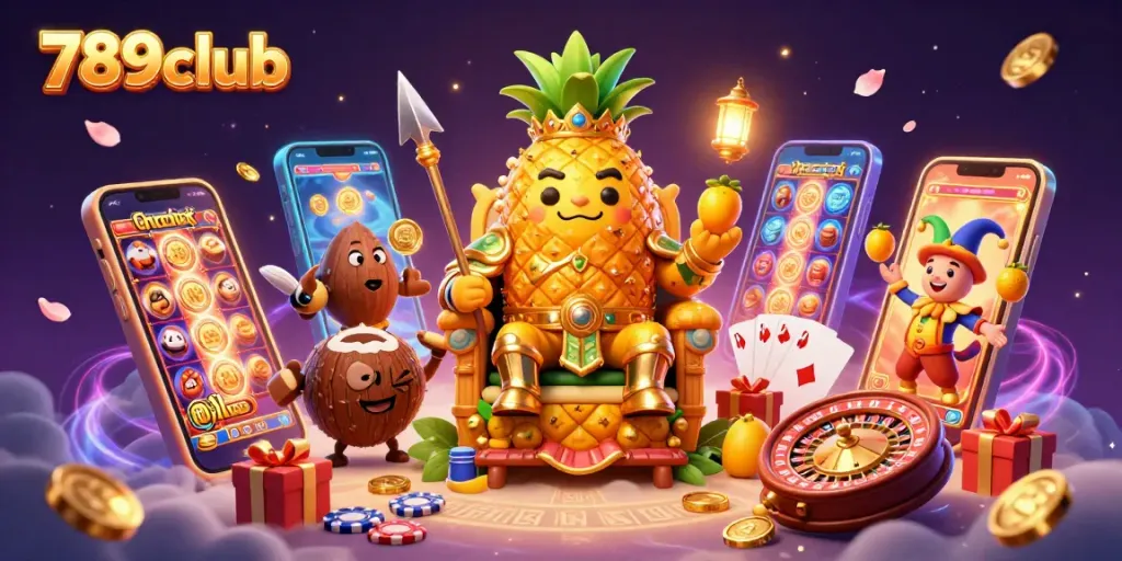 Engage with 789club at a vibrant beach casino featuring a golden pineapple king and interactive gaming elements.
