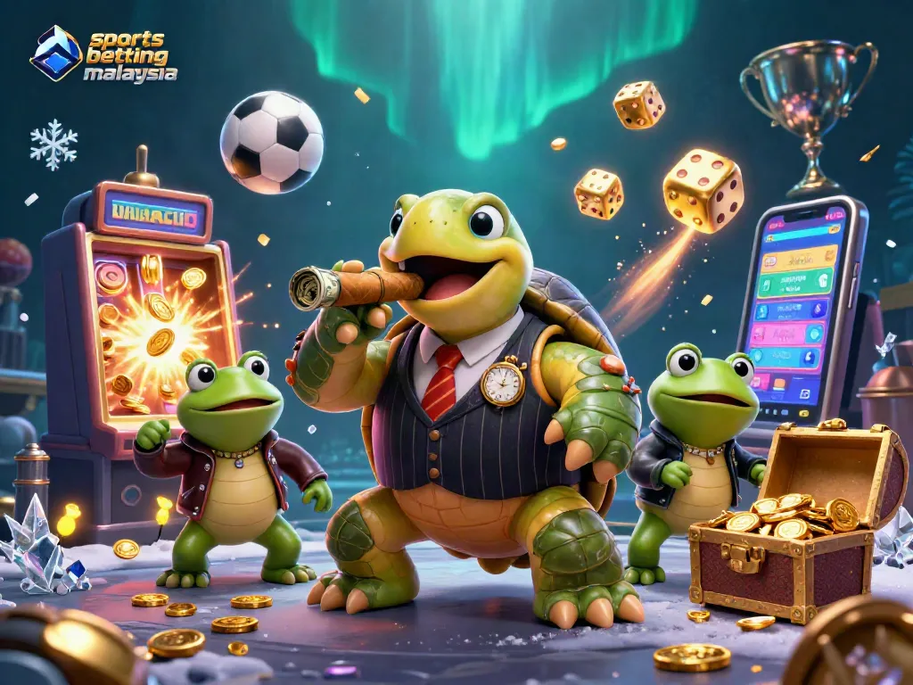 Join the excitement of sports betting Malaysia with a cartoon turtle and bullfrogs amid dynamic casino elements.