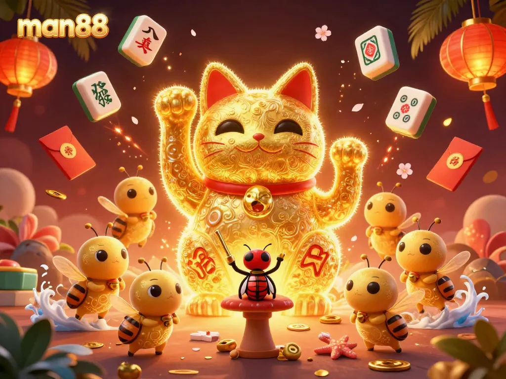 Experience the thrill of winning at man88 with a vibrant 3D illustration of casino symbols and games.