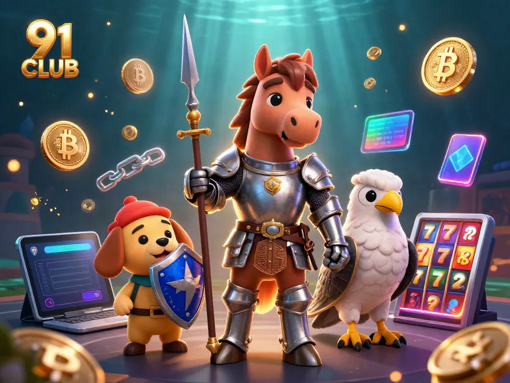 Engage in thrilling gambling at 91 CLUB with knights and crypto elements in a vibrant casino scene.