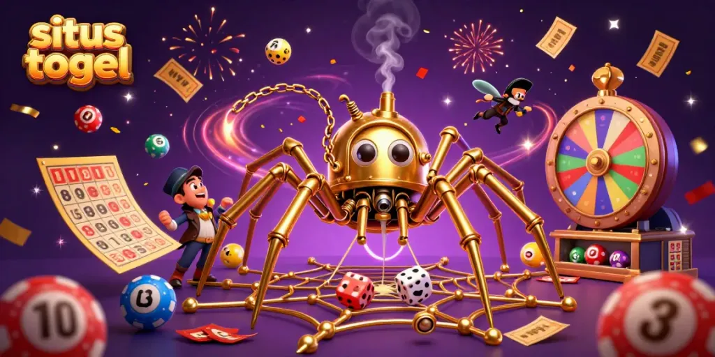 Engage with situs togel excitement as colorful lottery elements and a whimsical scene elevate the experience.