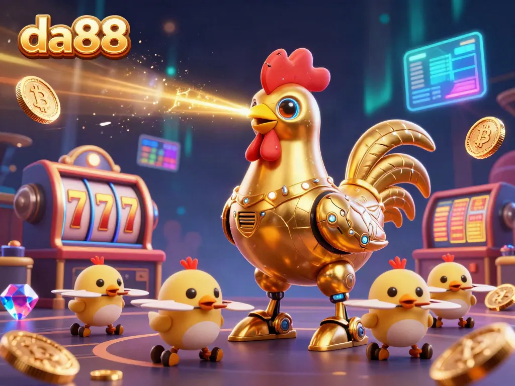 Join the fun at da88 with a futuristic casino scene featuring robots and vibrant game elements.