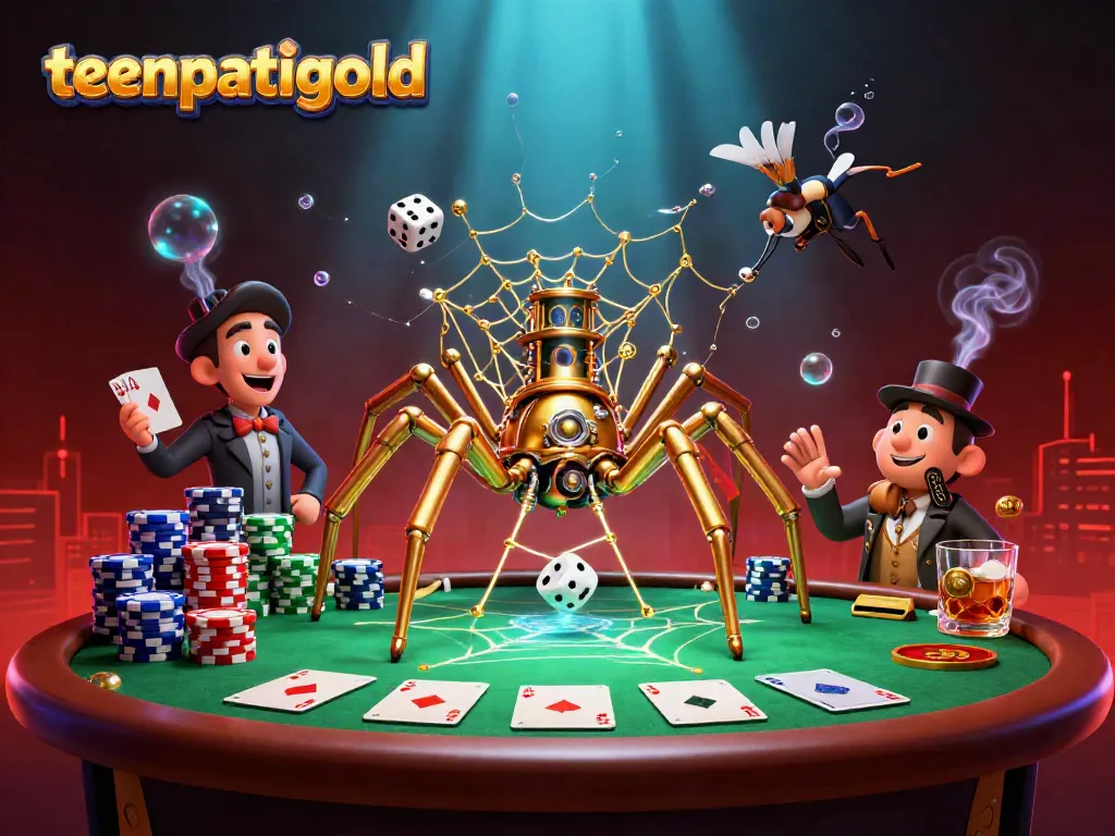 Experience teenpatiigold with this vibrant 3D illustration showcasing a steampunk spider in a lively casino scene.