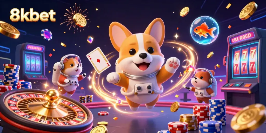 Experience thrilling gaming at 8kbet with floating characters and casino excitement in a colorful atmosphere.