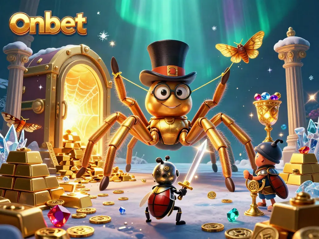 Experience the excitement of onbet with a dynamic casino-themed illustration featuring a golden tarantula and knight.
