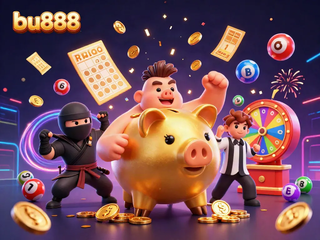 Experience thrilling games with bu888 featuring an energetic sumo piggy bank and vibrant lottery elements.