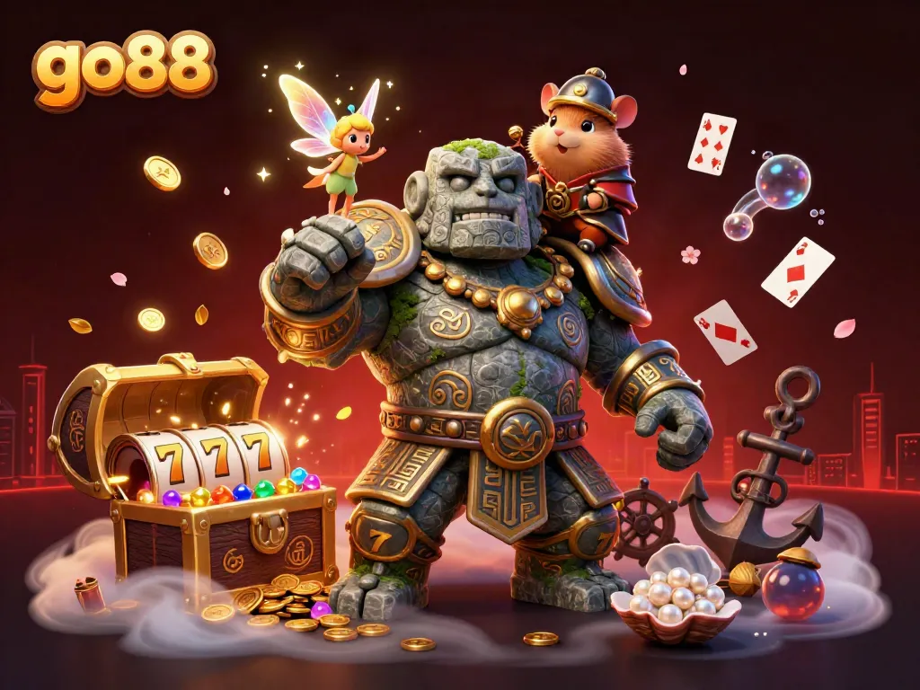 Engage with go88's fantastical world featuring a golem guardian, a fairy, and a hamster knight in a rich casino scene.
