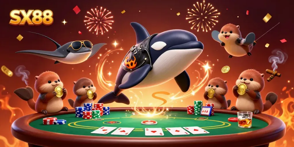 SX88 casino scene showcases a fun-packed poker experience with colorful characters and vibrant game elements.