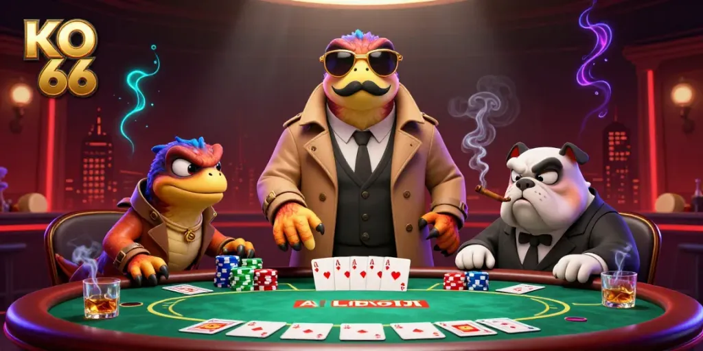 Three raptors disguised as one entering a VIP casino, with vibrant poker elements and the brand KO 66.
