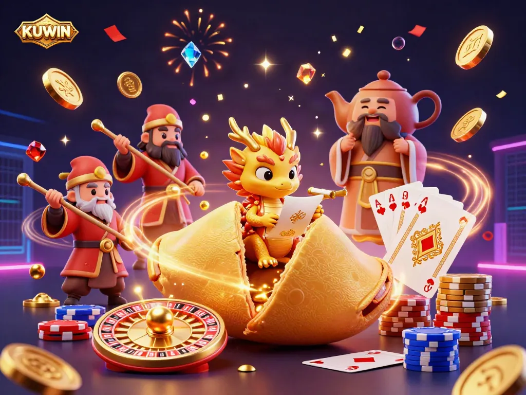 Experience the excitement of KUWIN with vibrant casino-themed 3D characters and dynamic game elements.