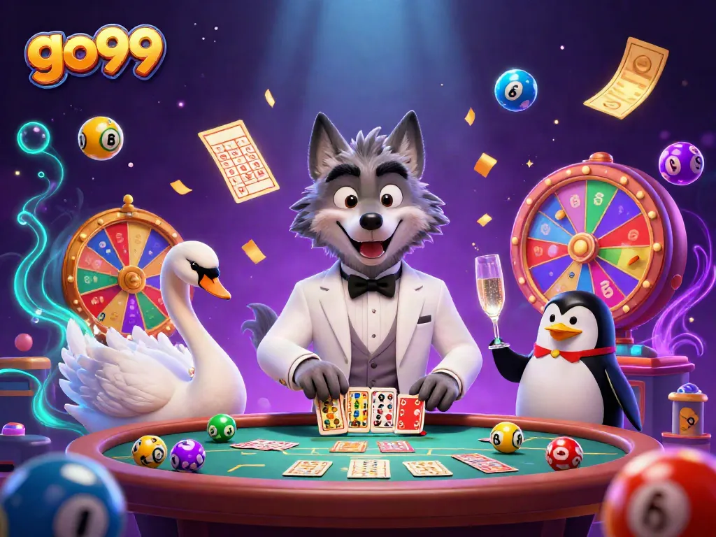 Engage with go99's vibrant casino experience highlighted by a debonair wolf and friends.