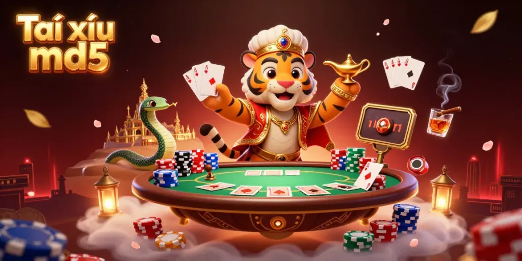 Experience the excitement of Tài xỉu md5 with this vibrant 3D casino scene, showcasing dynamic characters and rich game elements.