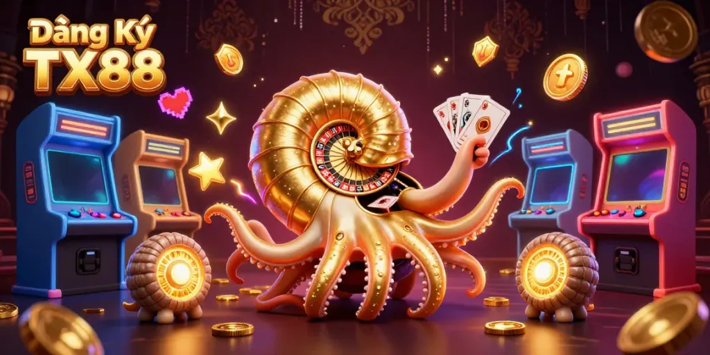 Engage with Đăng Ký TX88 as the giant nautilus spins a roulette wheel amidst vibrant casino elements.