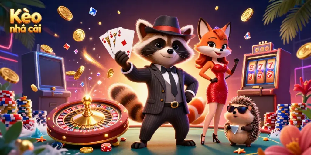 Engage with Kèo nhà cái in this lively casino scene featuring raccoon, fox, and hedgehog characters.