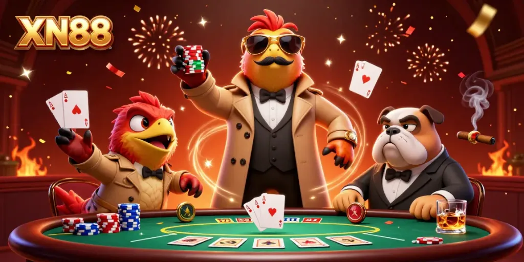 Experience the excitement of XN88 with raptors in disguise at a vibrant casino with poker elements.