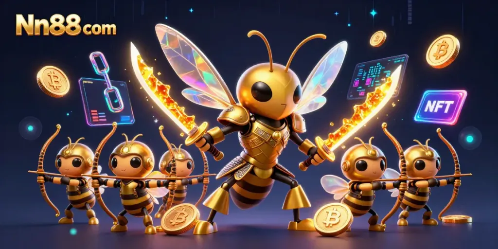 Experience thrilling gaming on Nn88 com with a vibrant 3D illustration featuring bee-themed characters and crypto elements.