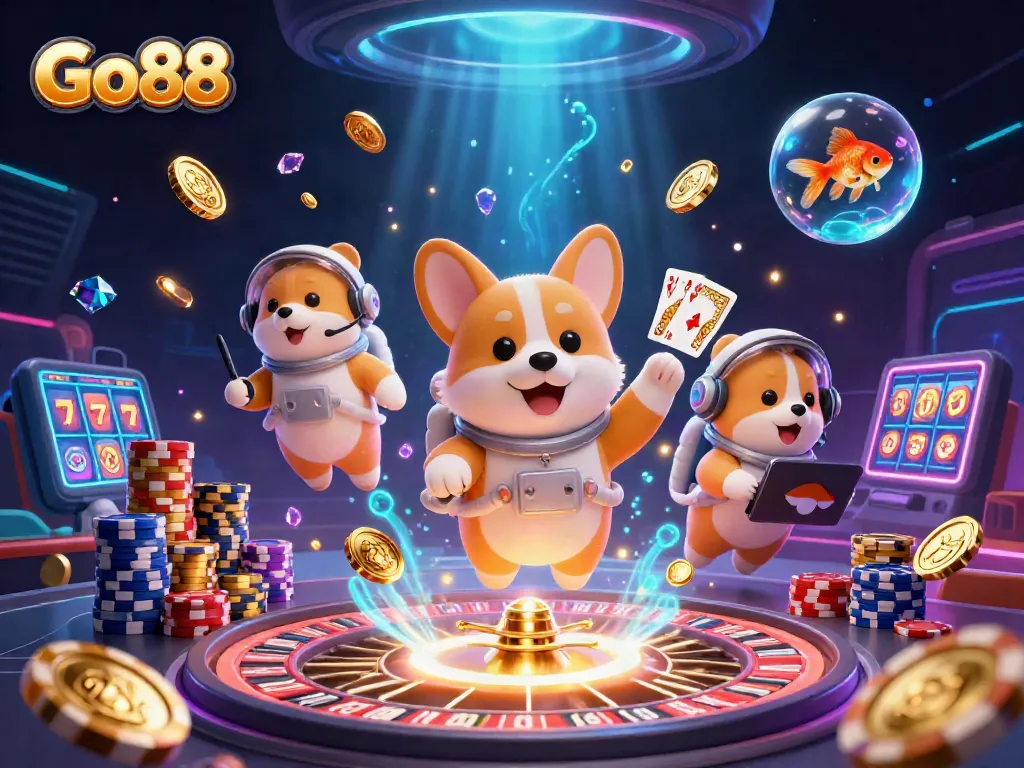 Experience the thrilling Go88 casino atmosphere with floating characters and vibrant gaming elements.
