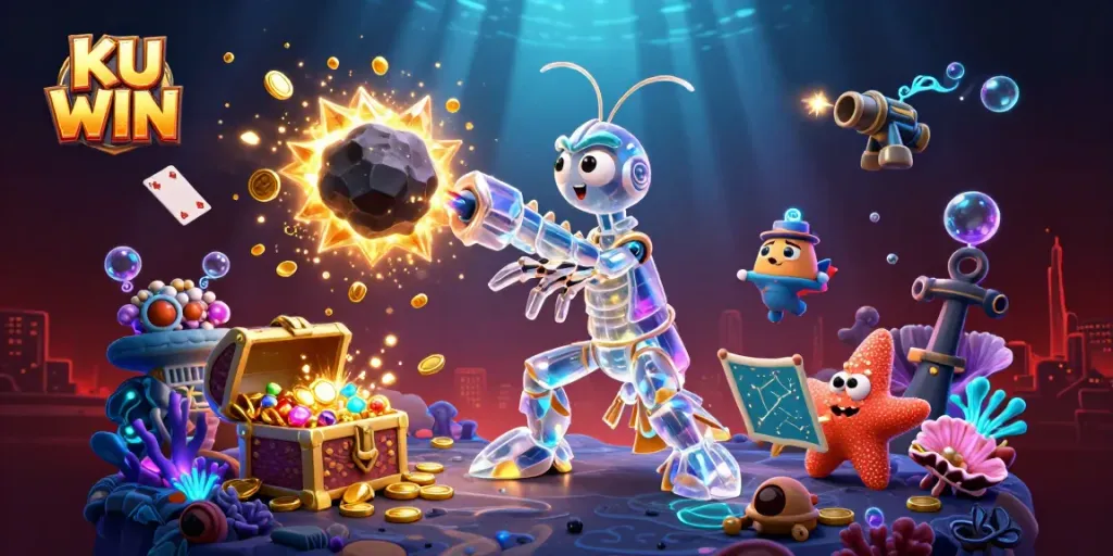 Experience the excitement of KU WIN with a galactic samurai mantis shrimp amidst golden gem explosions in a vibrant underwater casino.