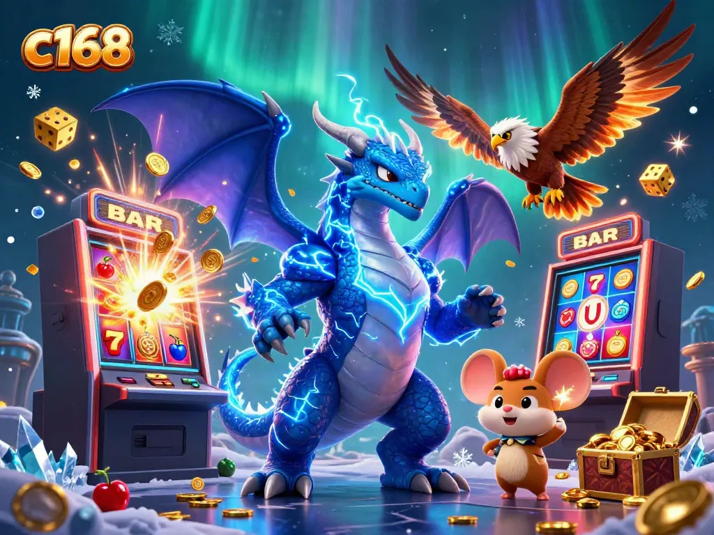 Engage with c168’s dynamic slot games featuring a thunder dragon and soaring hawk amidst jackpot excitement.