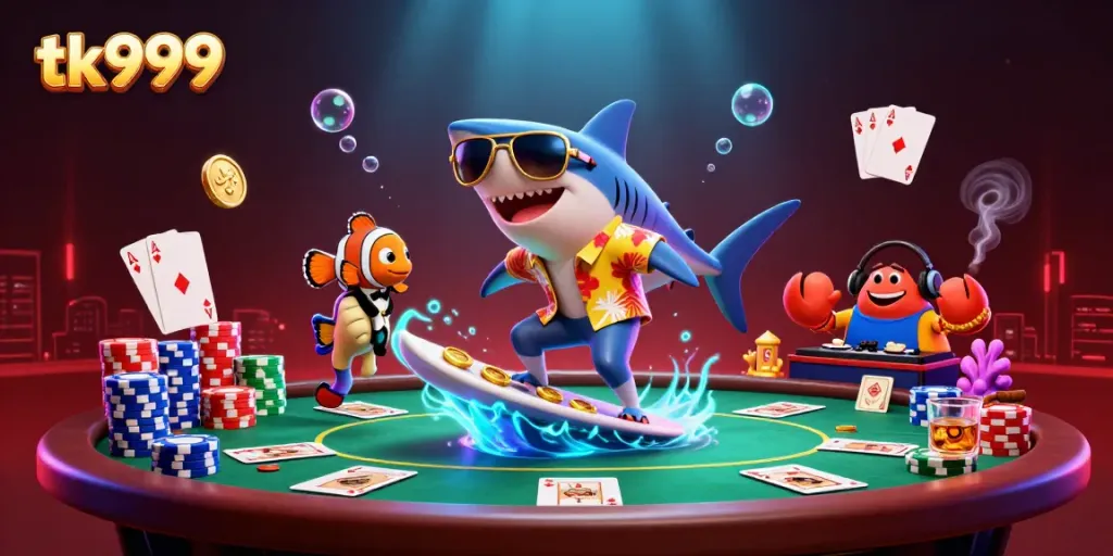 Experience tk999's exciting gaming atmosphere with vibrant characters and casino elements in this dynamic scene.