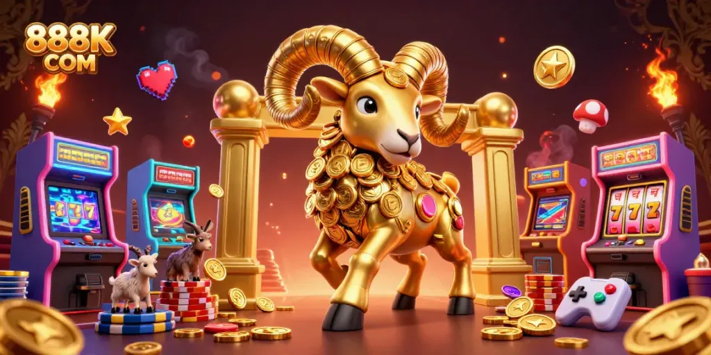 Experience exciting games like slots at 888K COM with vibrant animations of a golden ram and casino elements