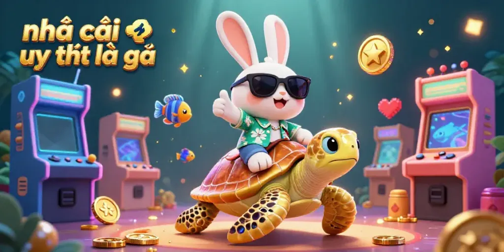 Engaging 3D illustration showcasing the joyful rabbit character and golden sea turtle representing nhà cái uy tín là gì in a vibrant casino scene.