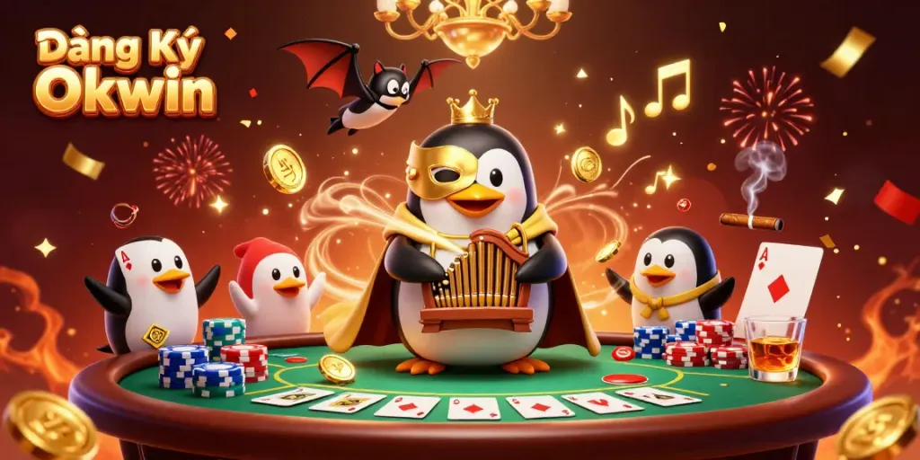 Experience the excitement of Đăng Ký Okwin with our colorful 3D casino scene featuring penguins and poker gameplay.