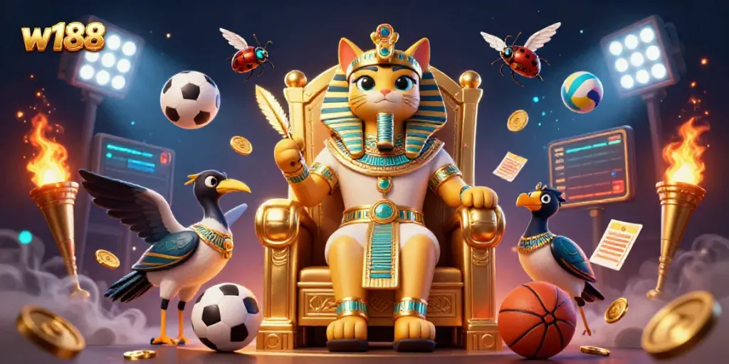 Experience w188's dynamic sports betting atmosphere with golden trophies and lively characters.