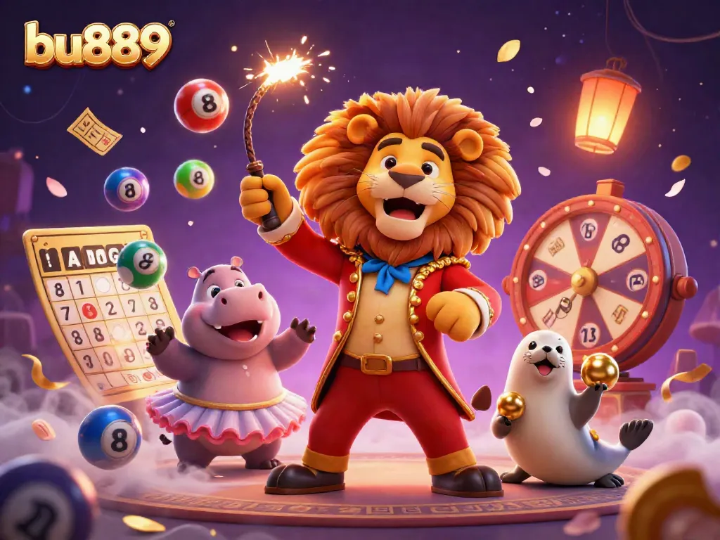Engaging scene showcasing bu889 with lively circus characters and dynamic lottery elements.