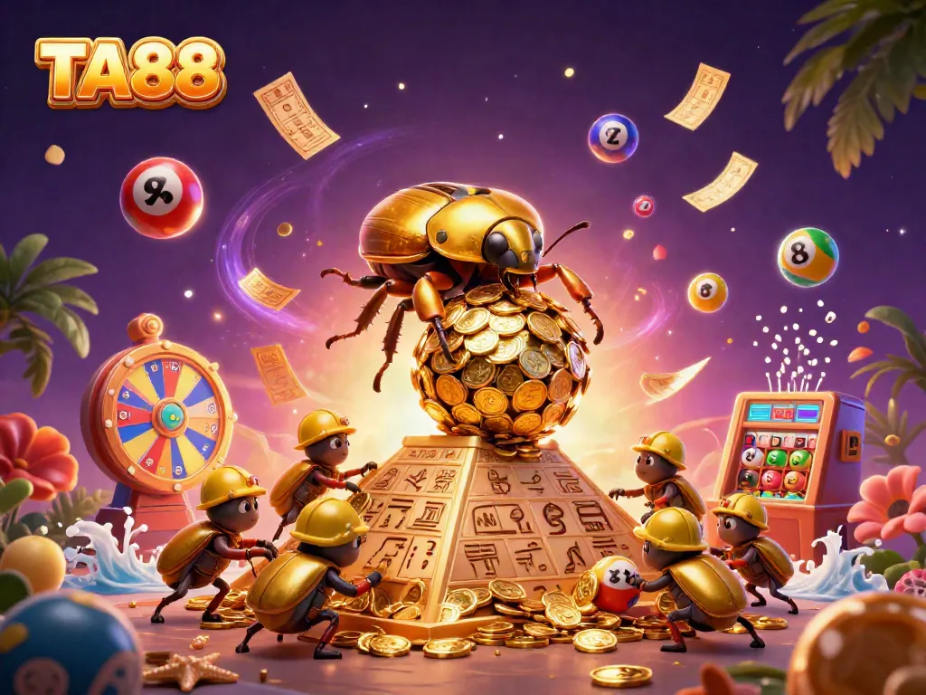Experience TA88 with vibrant lottery elements, a golden beetle, and rich casino symbols.