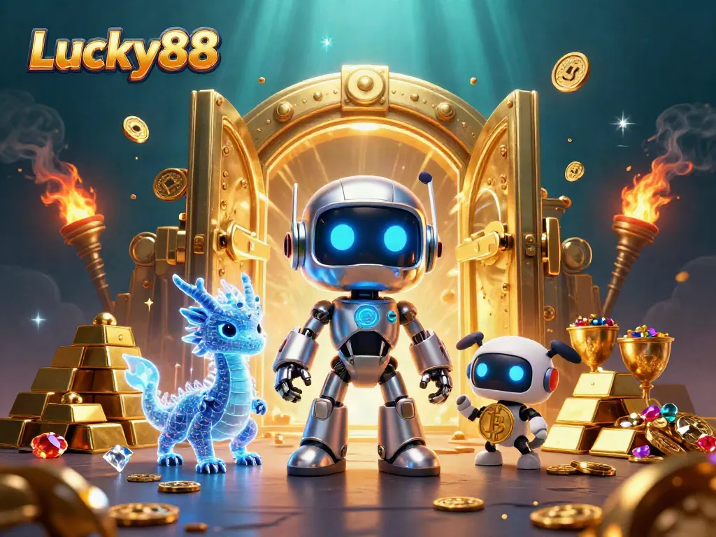Engage with Lucky88's vibrant 3D casino scene featuring a cyberpunk mascot and treasure elements.