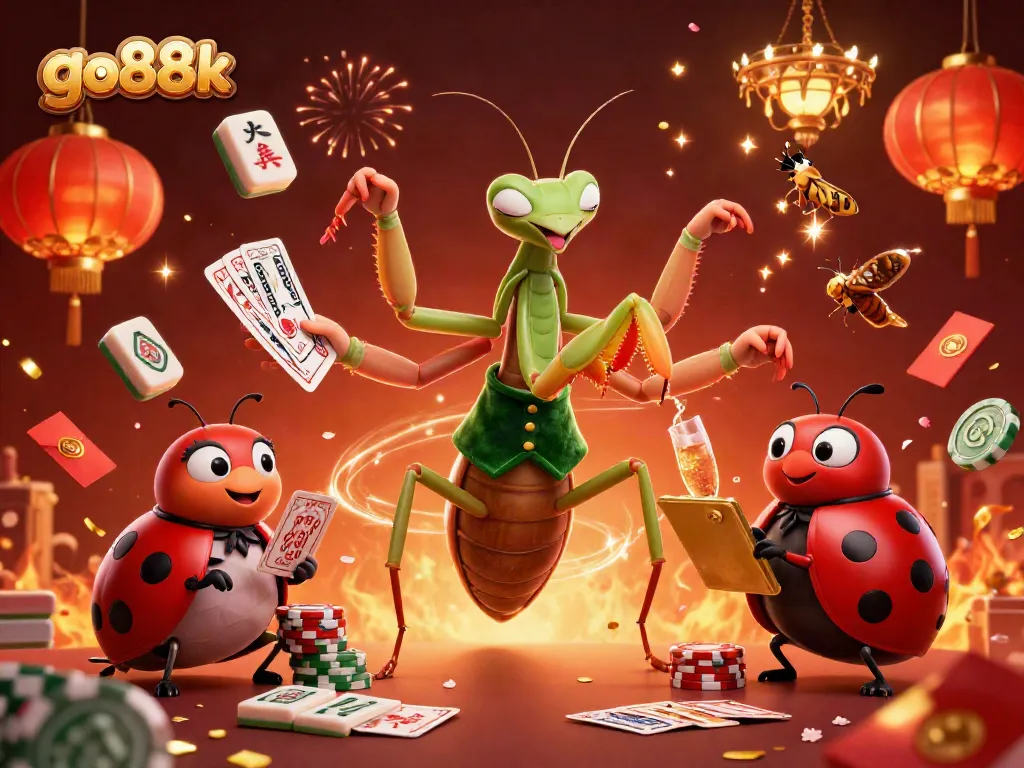 Experience go88k with an engaging illustration of a praying mantis dealer and lively casino elements.