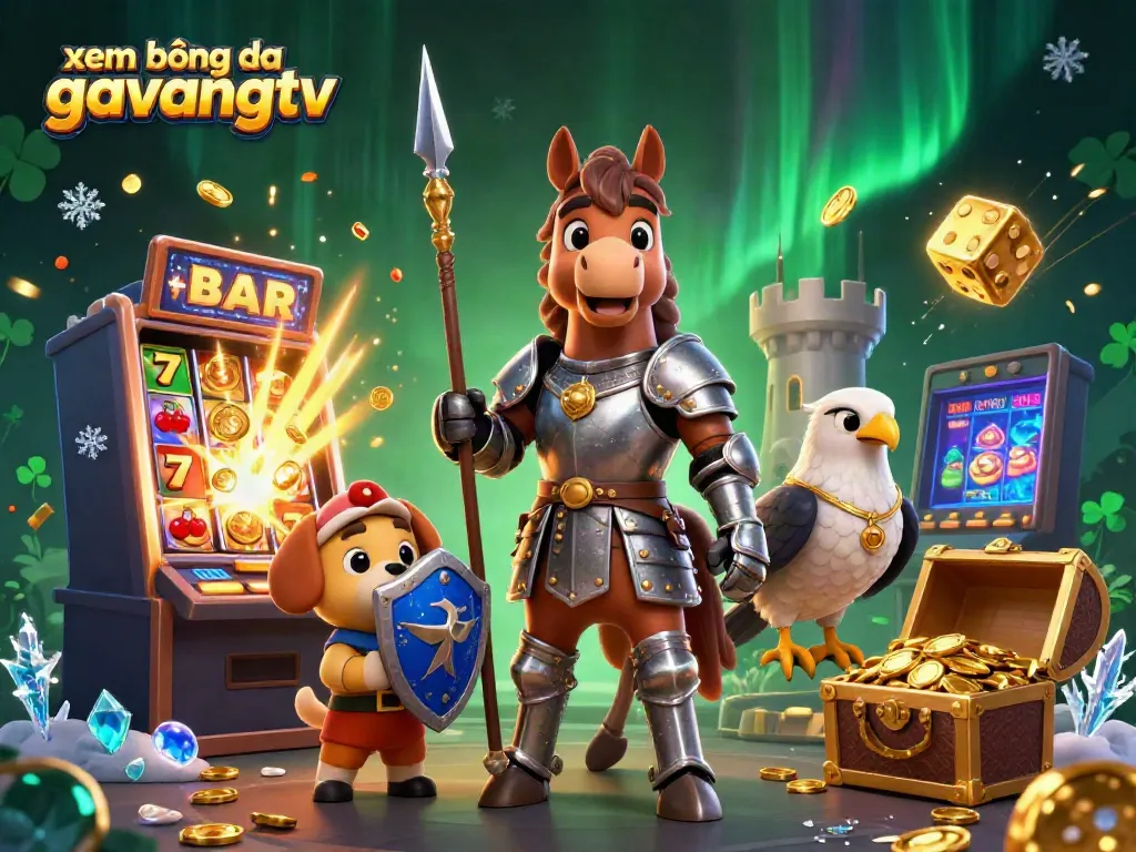 Experience xem bóng đá gavangtv with a thrilling 3D knight and puppy illustration amidst a slot machine jackpot.