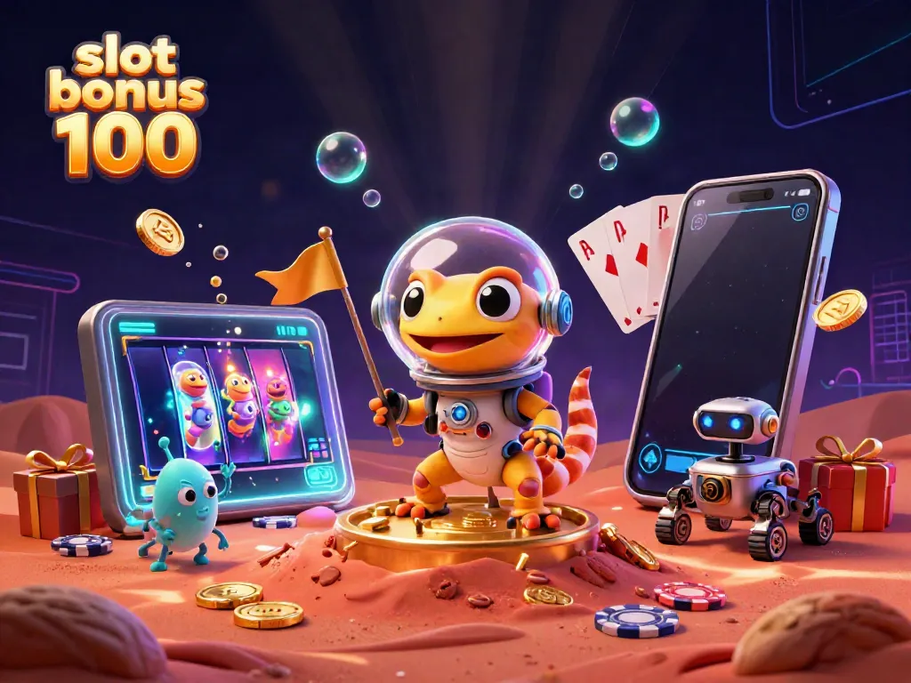 Engage with exciting slot bonus 100 offers while a Martian gecko discovers a golden casino on Mars.