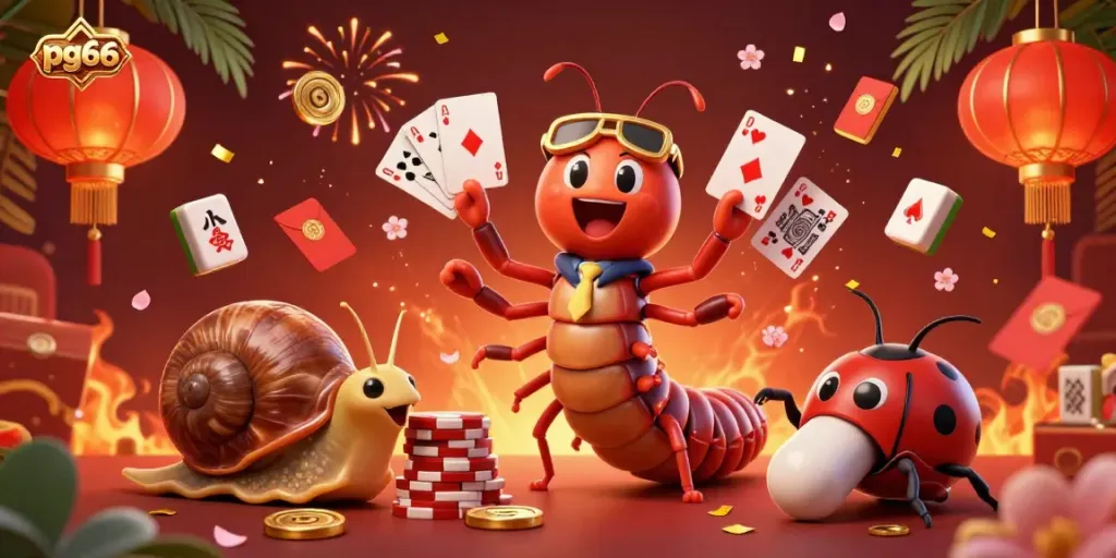 Engage with pg66's vibrant casino culture featuring a millipede dealer and high-roller characters.