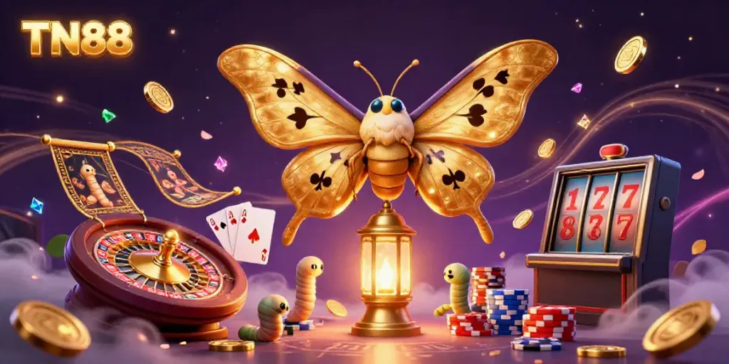 Engage with TN88's animated world of gaming, featuring golden winged moths and vibrant casino elements.