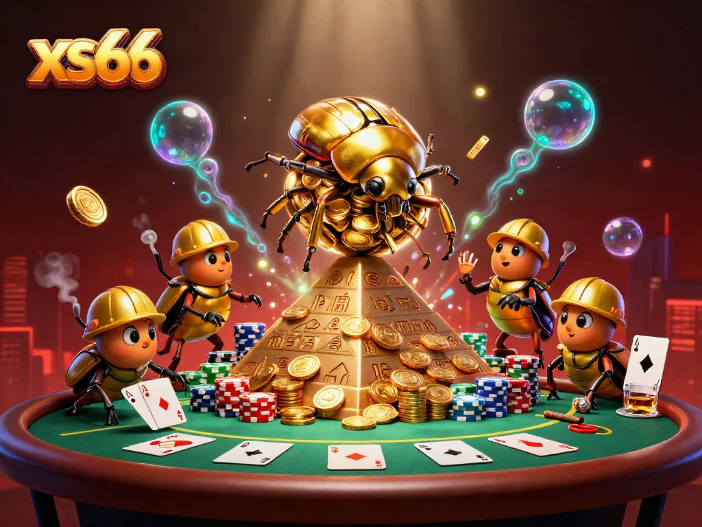 Engage with xs66 in a vibrant casino scene showcasing a golden beetle and poker elements.