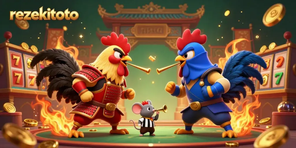 Engage in action-packed gameplay at rezekitoto, featuring 3D fighting roosters in a vibrant gambling arena.
