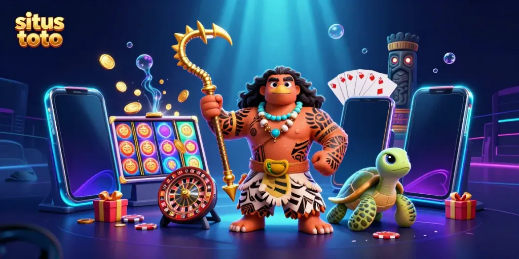 Gambar slot situs toto yang menarik dengan karakter demigod dan elemen kasino yang cerah.