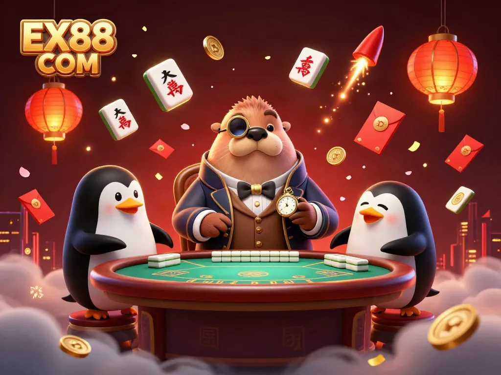 Experience thrilling poker action with EX88 COM featuring a jolly walrus and friends in vibrant 3D.